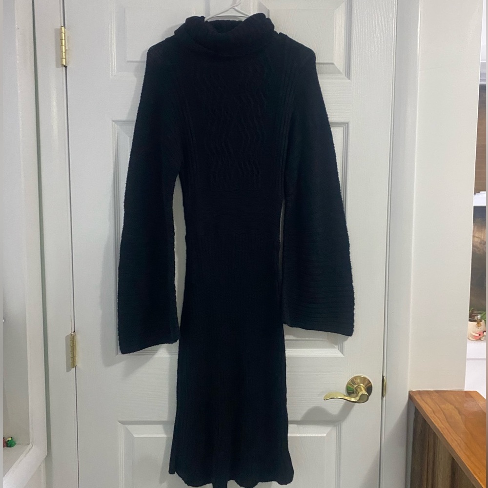 Cache vintage wool blend witchy goth black turtleneck winter chic midi dress - Picture 4 of 8